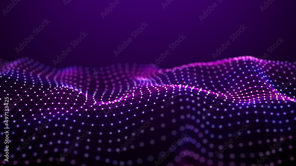 Futuristic wave. The concept of big data. Network connection. Cybernetics. Abstract dark background of blue and purple lines with dots. 3d rendering. Futuristic wave. The concept of big data. Network connection. Cybernetics. Abstract dark background of blue and purple lines with dots. 3d rendering.
