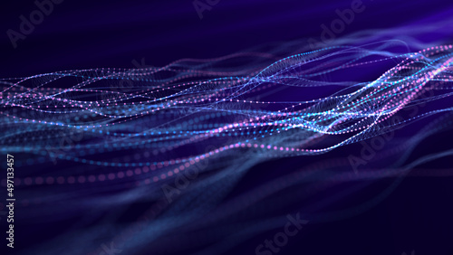 Dna from a moving wave and particles. Abstract dark background. The science of medicine. Biotechnology. The concept of a gene cell. Blue and pink dots with lines. 3d rendering