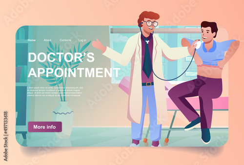Doctors appointment concept in cartoon design for landing page. Therapist examines patient, diagnoses and prescribes treatment at medical clinic. Vector illustration with people for web homepage