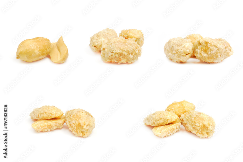 A set of salted peanuts isolated on white background A set of salted peanuts isolated on white background