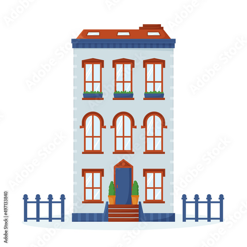 European house facade. Front view of old-fashioned brick building in French or British style. Nice neighbourhood exterior. Flat vector 