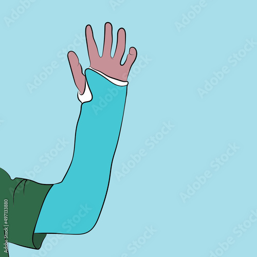 Arm with bandage and cast, colored background.