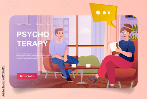 Psychotherapy concept in cartoon design for landing page. Man talking to woman psychotherapist while sitting at armchairs. Psychologists office. Vector illustration with people for web homepage