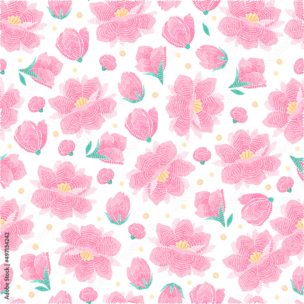 Embroidery seamless pattern with colorful flowers, leaves and berries on black background. Fashion design for fabric, textile, wrapping paper. Fancywork print. Vector illustration
