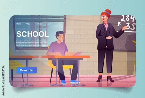 School class concept in cartoon design for landing page. Teenager student sitting at desk in classroom, teacher explains lesson standing by blackboard. Vector illustration with people for web homepage