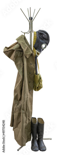 Gas mask, rubberized raincoat and rubber boots photo