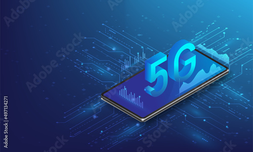 5g internet wireless isometric technology on smartphone.  Mobile network hi-tech with high speed connection.vector illustration Digital technology design. isolated on blue dark background.