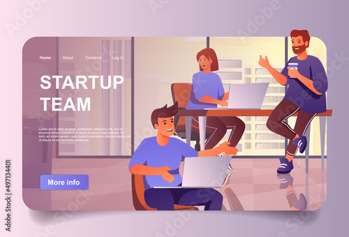Startup team concept in cartoon design for landing page. Men and women launch new project, planning, brainstorming and develop marketing strategy. Vector illustration with people for web homepage
