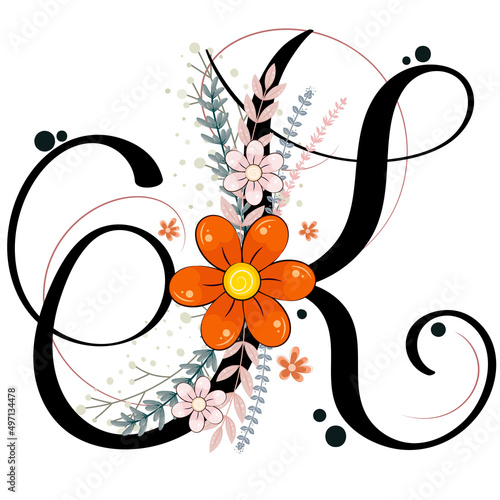 Alphabet ornaments. LETTER K floral vector with flowers and leaves, vintage handwritten, Decoration vintage for invites card and other concept ideas. Illustration letter K ornaments	
