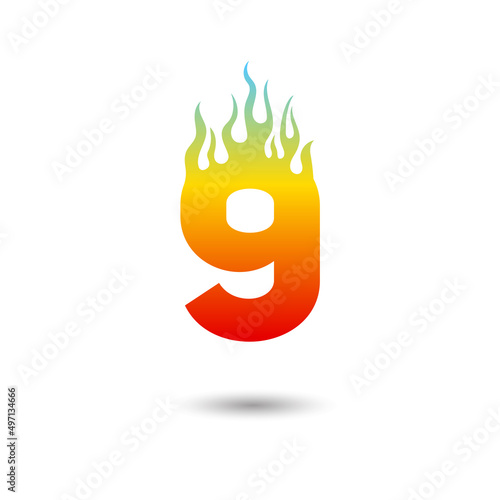 Fire Flames number nine 9 icon design on a white background. Numeric hot logo for posters, postcard, card, banner, anniversary.