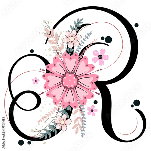 Alphabet ornaments. LETTER R floral vector with flowers and leaves, vintage handwritten, Decoration vintage for invites card and other concept ideas. Illustration letter R ornaments
