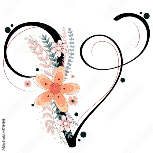 Alphabet ornaments. LETTER V floral vector with flowers and leaves, vintage handwritten, Decoration vintage for invites card and other concept ideas. Illustration letter V anniversary
