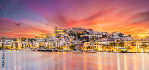 Landscape with Eivissa town at twilight time, Ibiza island, Spain photo