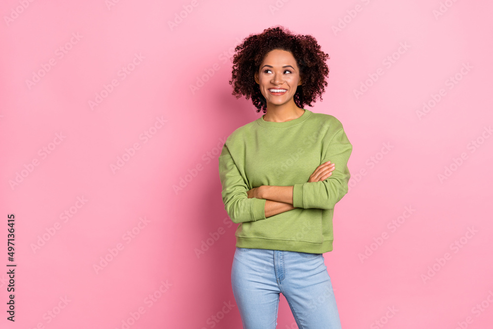 Photo of young lovely girl folded hands wonder look empty space imagination smart plan isolated over pink color background Photo of young lovely girl folded hands wonder look empty space imagination smart plan isolated over pink color background