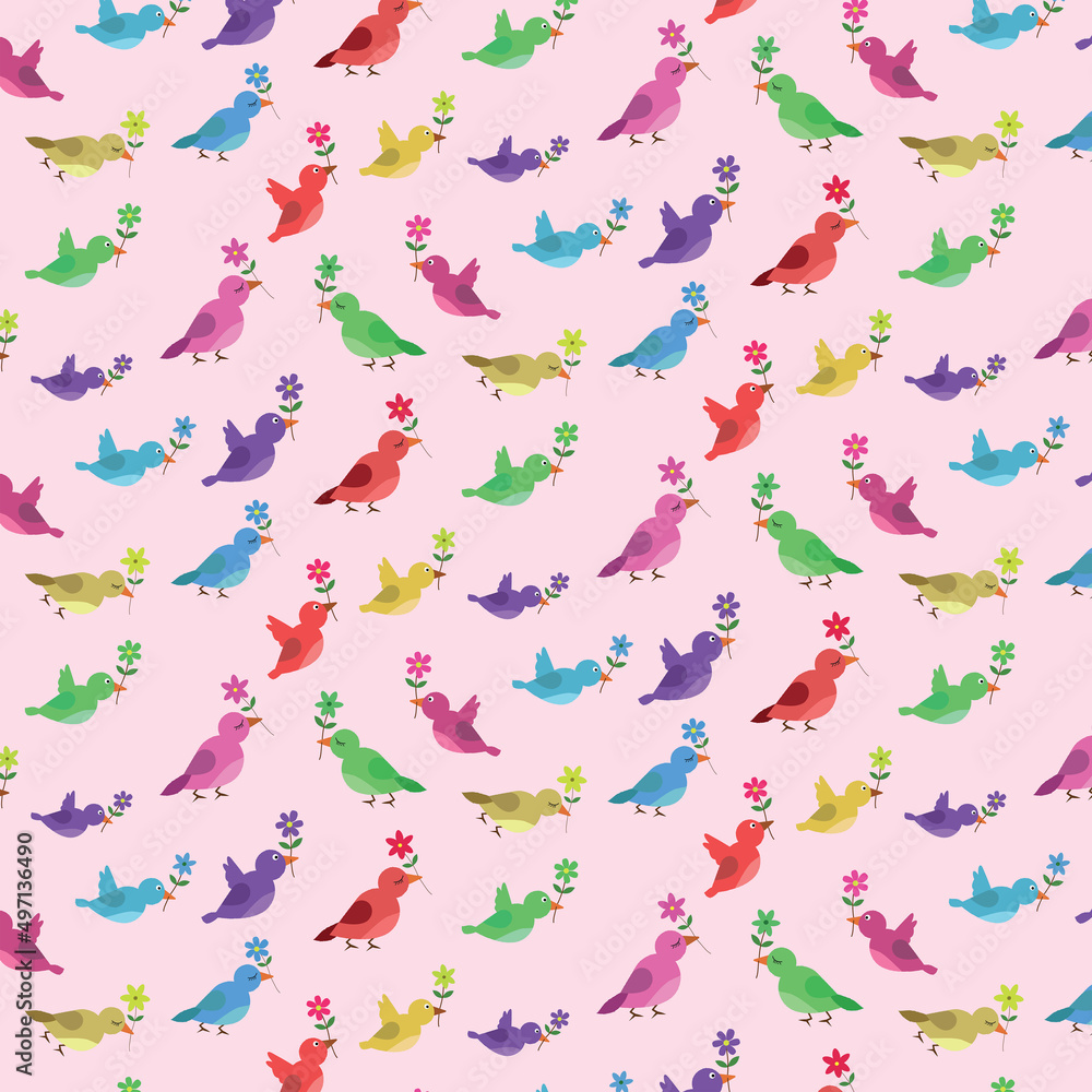 Fototapeta premium Cute little birds carrying flowers seamless pattern on light pink background. Can be used for fabric, textile, home décor and greeting cards 