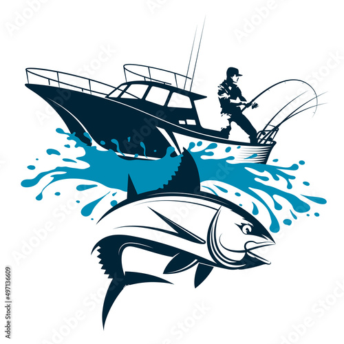 Fisherman with a fishing rod on a boat. Tuna silhouette on blue wave