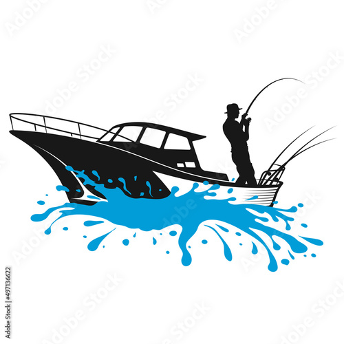 Fisherman with a fishing rod in his hands. Fishing boat on a blue wave. Fishing and hobby symbol