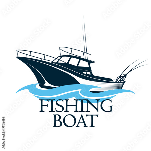 Fishing boat with fishing rods on the wave. Sport fishing and hobby symbol