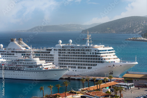 Two big luxury cruise ships in the Kusadasi harbor. © Grelafoto
