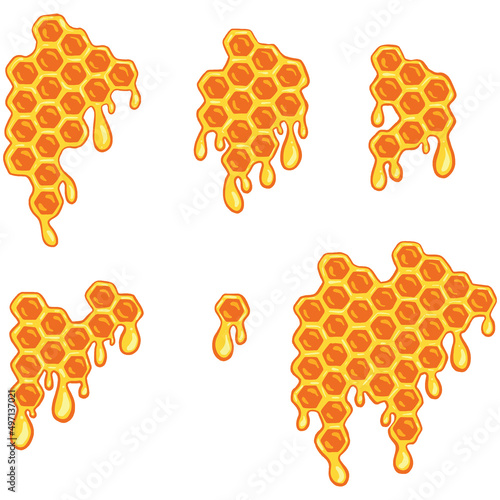 A collection of bee honeycomb illustrations with honey dripping for logo or icon design ideas