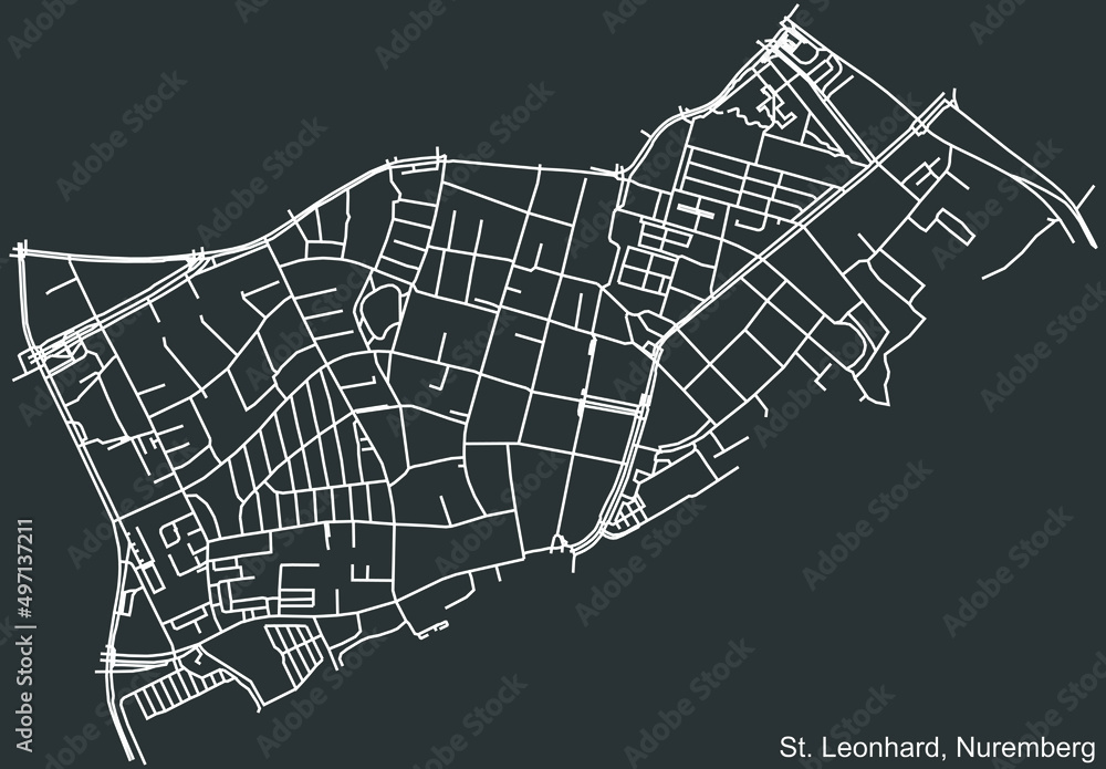 Detailed negative navigation white lines urban street roads map of the ST. LEONHARD DISTRICT of the German regional capital city of Nuremberg, Germany on dark gray background