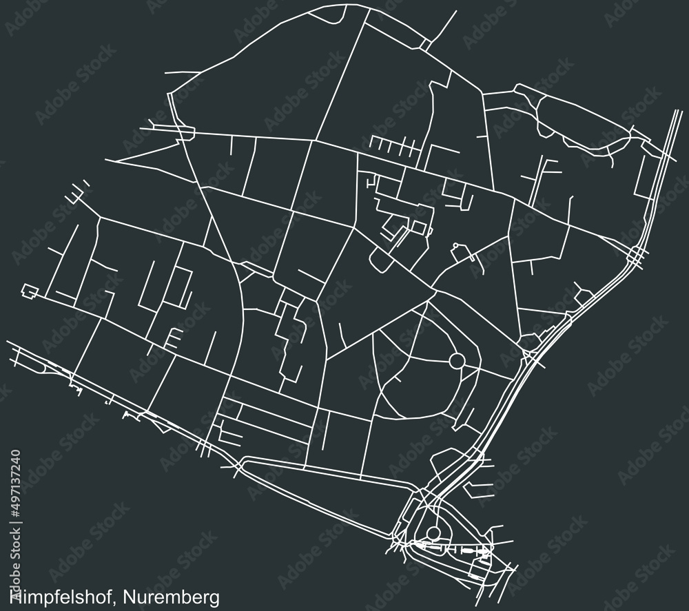 Detailed negative navigation white lines urban street roads map of the HIMPFELSHOF DISTRICT of the German regional capital city of Nuremberg, Germany on dark gray background