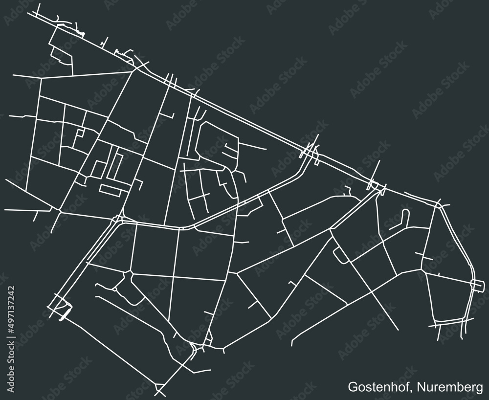 Detailed negative navigation white lines urban street roads map of the GOSTENHOF DISTRICT of the German regional capital city of Nuremberg, Germany on dark gray background