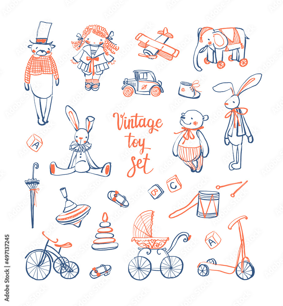 A set of hand-drawn vintage toys on a white background. Doll, teddy bear, rabbit, elephant, car, airplane, pyramid, whirligig, stroller, scooter, bicycle. Cute baby style. Stock vector illustration.