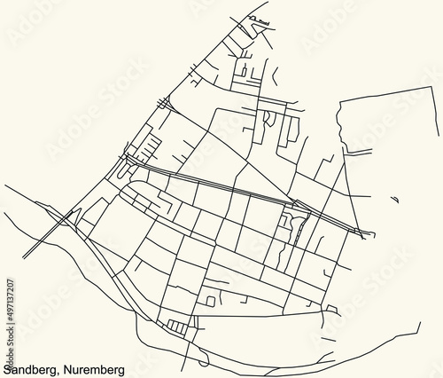 Detailed navigation black lines urban street roads map of the SANDBERG DISTRICT of the German regional capital city of Nuremberg  Germany on vintage beige background