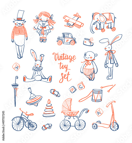 A set of hand-drawn vintage toys on a white background. Doll, teddy bear, rabbit, elephant, car, airplane, pyramid, whirligig, stroller, scooter, bicycle. Cute baby style. Stock vector illustration.
