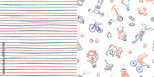 A set of two seamless patterns. Hand-drawn vintage toys on a white background. Seamless pattern of thin red and blue stripes. Cute baby style. Stock vector illustration.