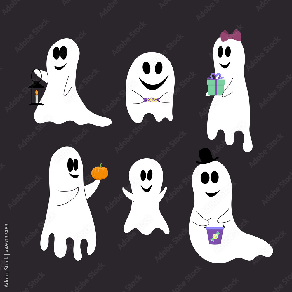 Ghost set. Funny ghosts for Halloween with candies, pumpkins and lantern. Flat, cartoon, vector Ghost set. Funny ghosts for Halloween with candies, pumpkins and lantern. Flat, cartoon, vector
