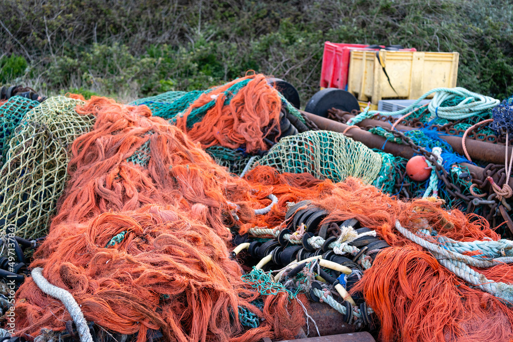 fishing nets and ropes, fishing industry nets and trawler equipment background in Cornwall, England, UK