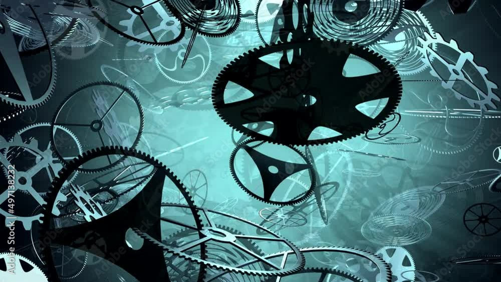 Clockwork exploding in slow motion. Time collapse. Metallic gears