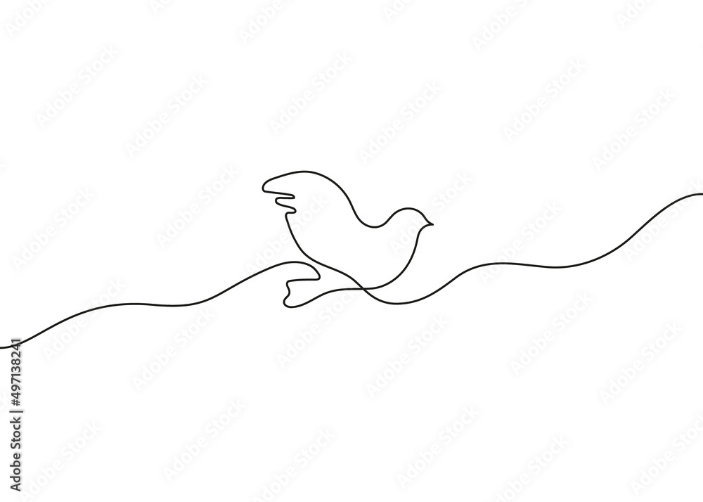 Fototapeta premium Dove fly, bird symbol peace and freedom, one continuous line drawing. Simple abstract outline beautiful bird. World dove sign. Vector illustration