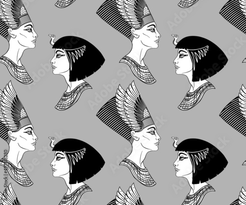 Ancient Egypt. Vintage black and white seamless pattern with Egyptian gods and symbols. Retro hand drawn vector repeating illustration. Ra, Anubis, Sekhtmet, Cleopatra, pyramid.