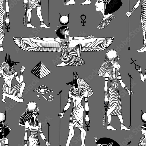 Ancient Egypt. Vintage black and white seamless pattern with Egyptian gods and symbols. Retro hand drawn vector repeating illustration. Ra, Anubis, Sekhtmet, Cleopatra, pyramid.