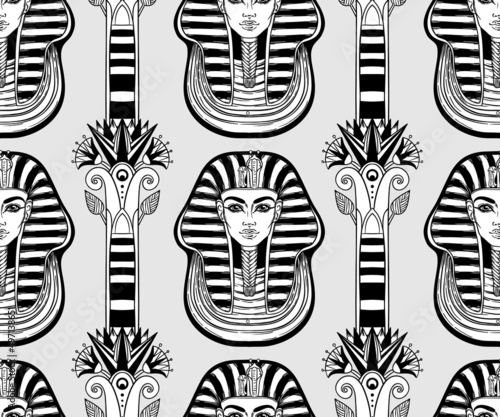 Ancient Egypt. Vintage black and white seamless pattern with Egyptian gods and symbols. Retro hand drawn vector repeating illustration. Ra, Anubis, Sekhtmet, Cleopatra, pyramid.