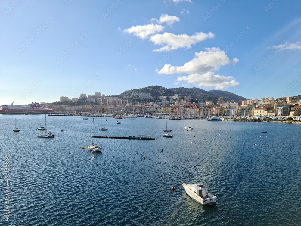 From the sea side panorama of the city of Ajaccio in January 2022
