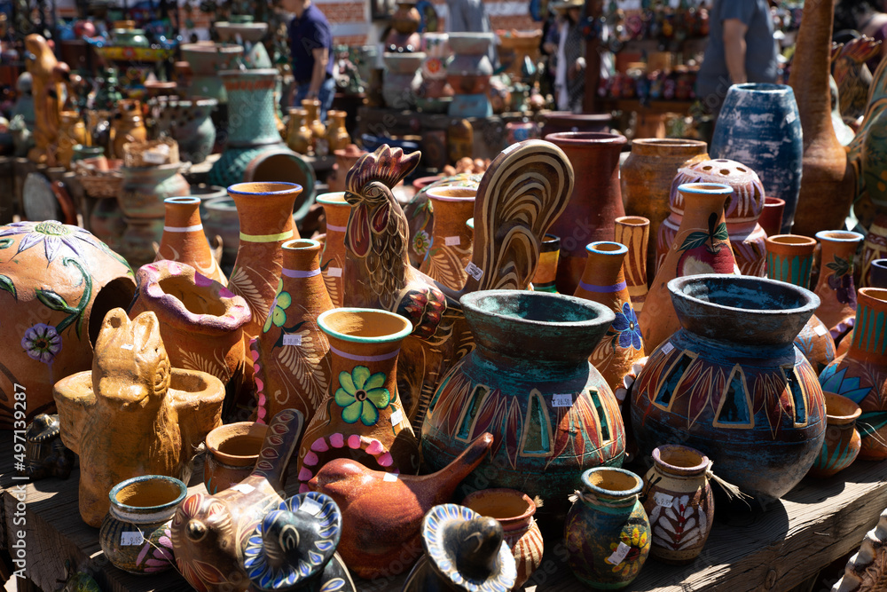 Variety of Colorfull Mexican Traditional Souvenirs at Market in Mexico.