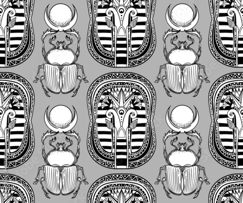 Ancient Egypt. Vintage black and white seamless pattern with Egyptian gods and symbols. Retro hand drawn vector repeating illustration. Ra, Anubis, Sekhtmet, Cleopatra, pyramid.