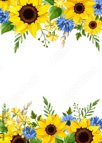 Greeting or invitation card design with blue and yellow sunflowers, cornflowers, dandelion flowers, ears of wheat, and green leaves. Vector illustration