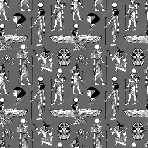 Ancient Egypt. Vintage black and white seamless pattern with Egyptian gods and symbols. Retro hand drawn vector repeating illustration. Ra, Anubis, Sekhtmet, Cleopatra, pyramid.