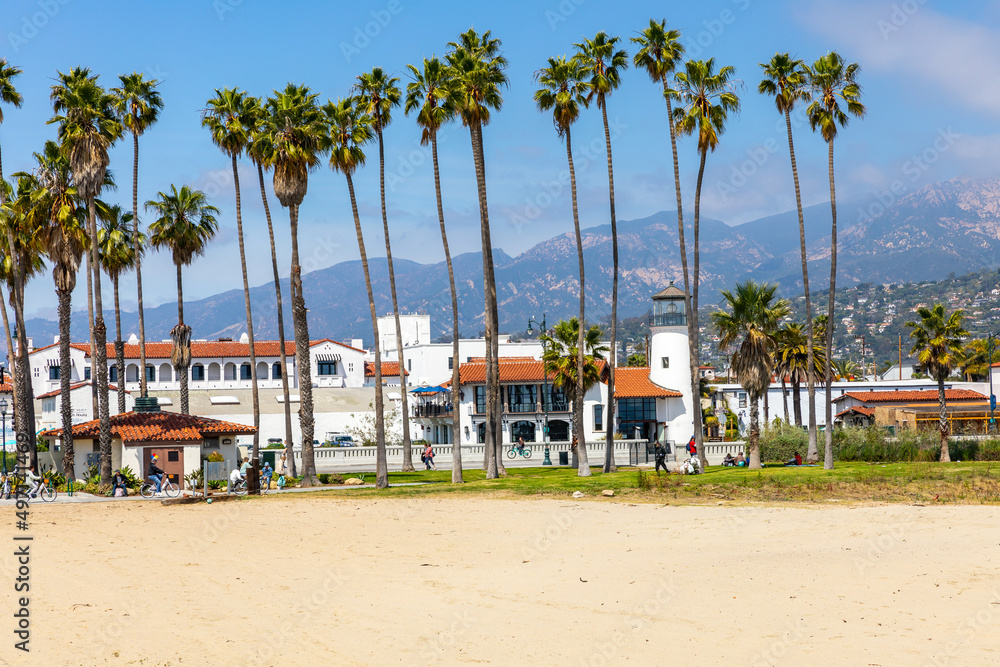 Santa Barbara, California. USA. Tropical tall palm trees on residential area near the beach of Santa Barbara.