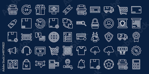 Set of ouline shopping and ecommerce icon set. Big Сollection of web icons for online store, such as discounts, delivery, contacts, payment, app store, location, shopping cart. Editable vector