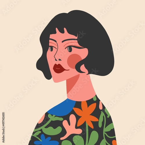 Portrait of a beautiful woman with a dark short haircut in a floral blouse. Flat design, hand drawn cartoon, vector illustration.