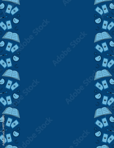 magic blue template side frame of fortune-telling cards, books, potions, magic wand