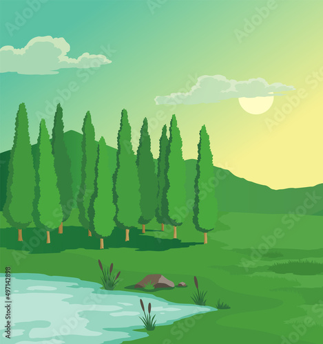 Before climate change. Global environmental potentional problems. Hand drawn nature landscape with tree, green grass and lake. Global warming concept