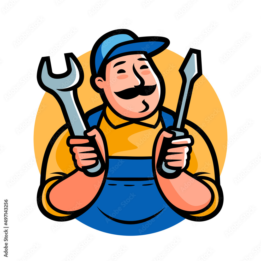 Repair man worker with tools logo. Mechanic workshop emblem. Vector illustration Repair man worker with tools logo. Mechanic workshop emblem. Vector illustration