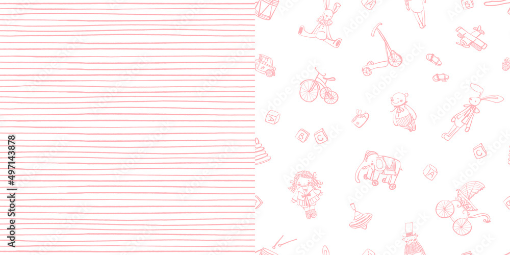 A set of two seamless patterns. Hand-drawn vintage toys on a white background. Seamless pattern of thin pink stripes. Cute baby style. Soft pink color. Stock vector illustration. A set of two seamless patterns. Hand-drawn vintage toys on a white background. Seamless pattern of thin pink stripes. Cute baby style. Soft pink color. Stock vector illustration.